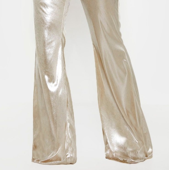 NWT Pretty Little Thing Gold Silver Flares US 10 - Picture 4 of 7